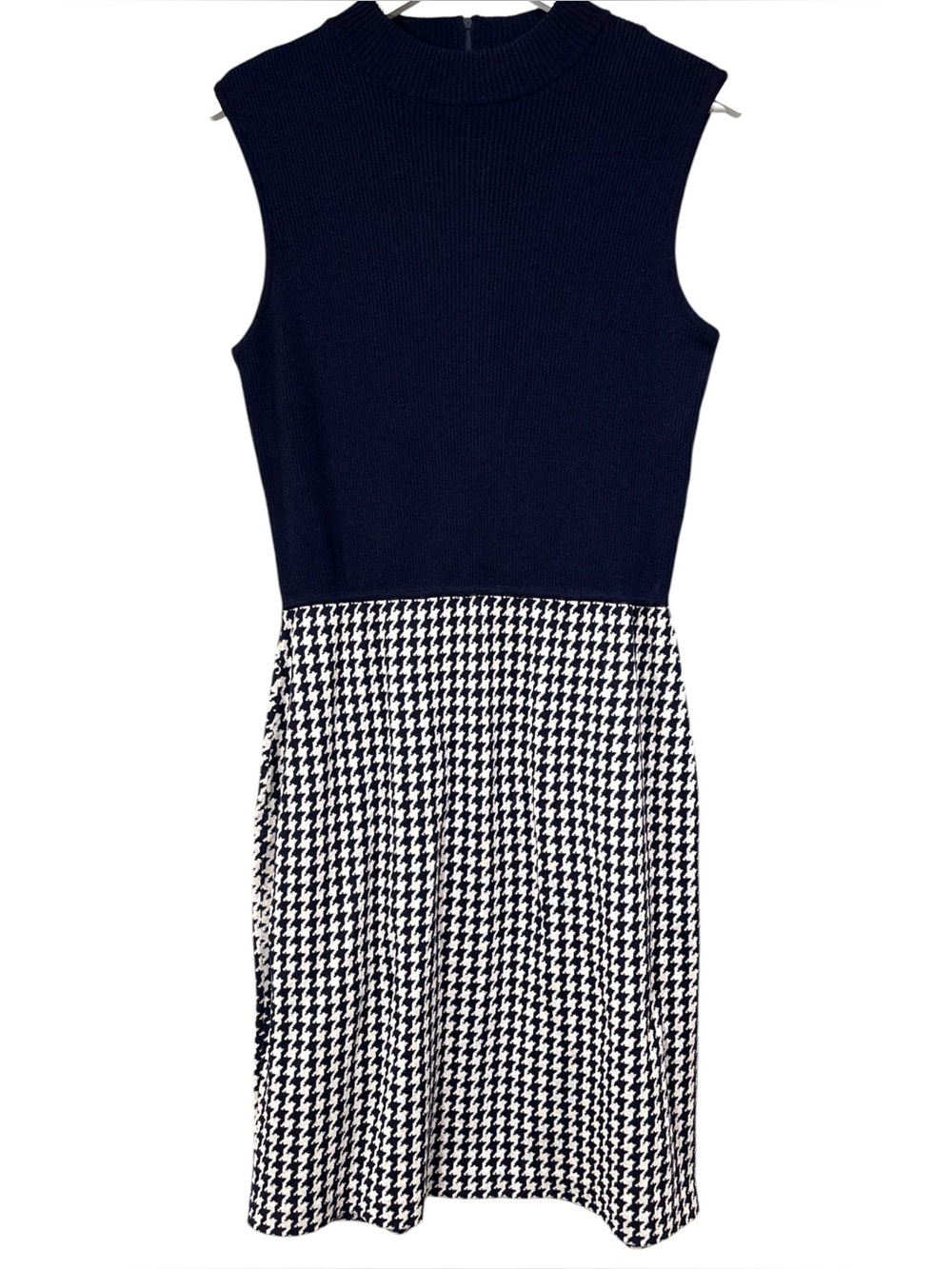 St John Collection by Marie Gray Navy Blue White Houndstooth Sleeveless Dress